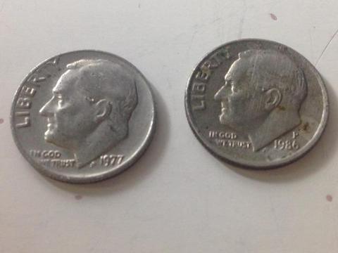 2 moedas One Dime Dollar 1977 e 1986 ver fotos R$19