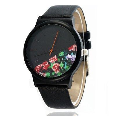 Relógio Feminino cor Preta com flores pulseira de couro