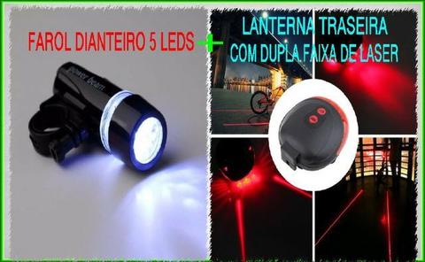 Kit farol 5 leds mais lanterna traseira 5 leds laser no chão bike bicicleta vendo separado
