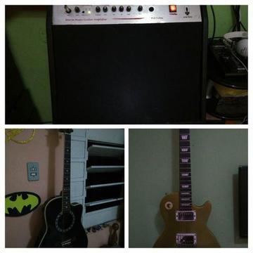 Guitarra, violao e cubo amplificador