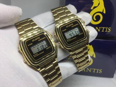 Relógio Atlantis digital dourado com luz noturna no visor