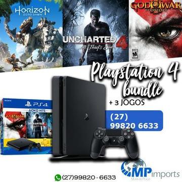 Playstation 4 bundle 3 jogos Uncharted 4 God of War e Horizon Zero Dawn Somos Loja op.12x