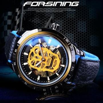 Relógio Forsining Aut/corda Esqueleto Design Crânio +brinde