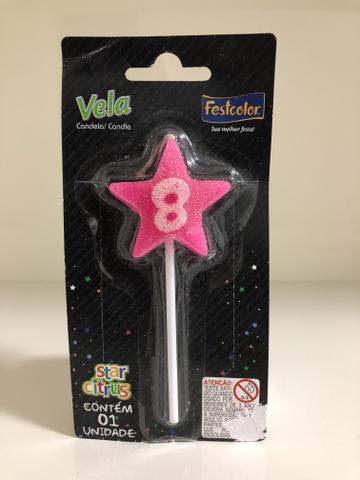 Vela Número 8 de Estrela Festcolor Rosa com Brilho Glitter Furta Cor Novo