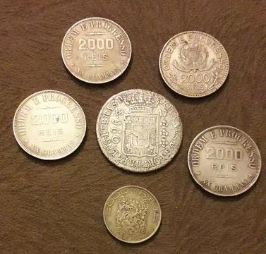 Lote com 6 moedas antigas de prata