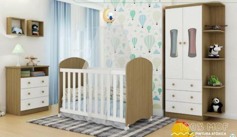 Quarto Infantil ( Roupeiro Luna com Prateleira, Comoda Smim e Berço Cama Smim ) - Peroba